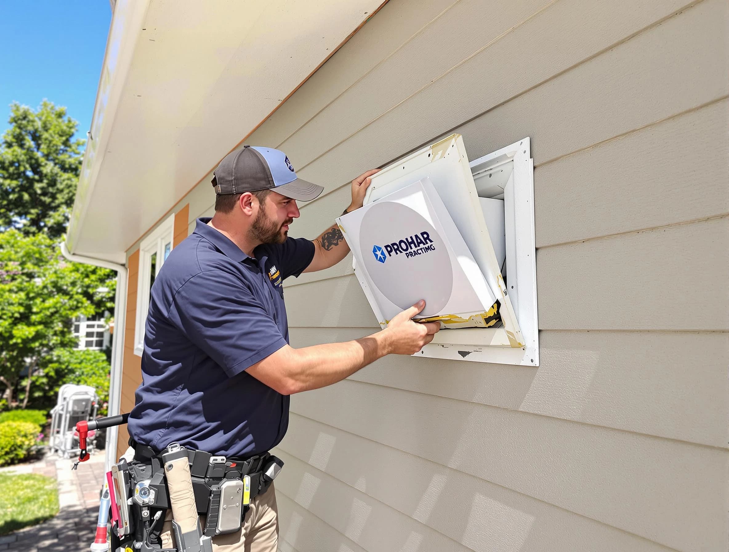McKeesport Dryer Vent Cleaning technician installing a new protective dryer vent cover on a home in McKeesport