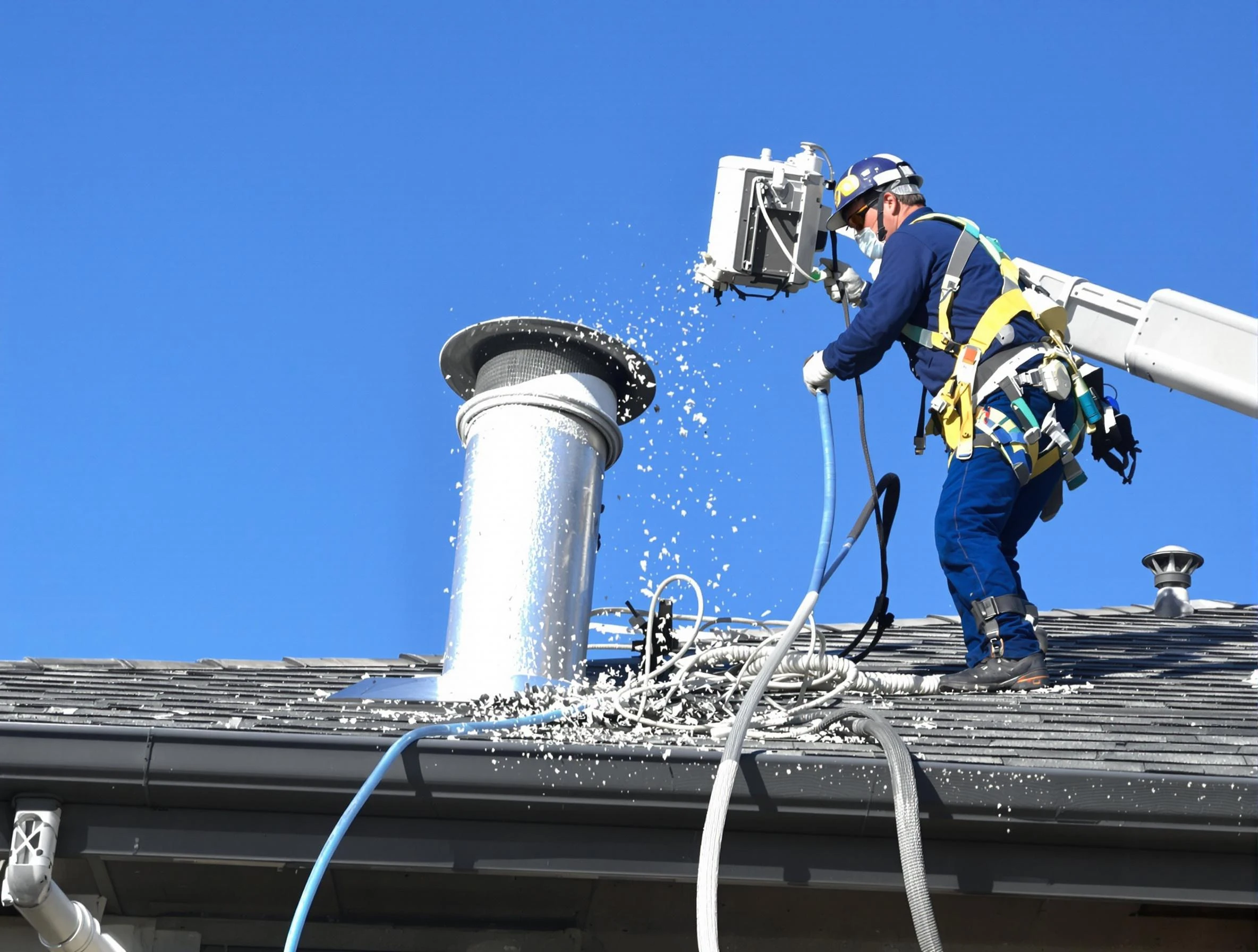 McKeesport Dryer Vent Cleaning certified technician safely cleaning a roof-mounted dryer vent in McKeesport
